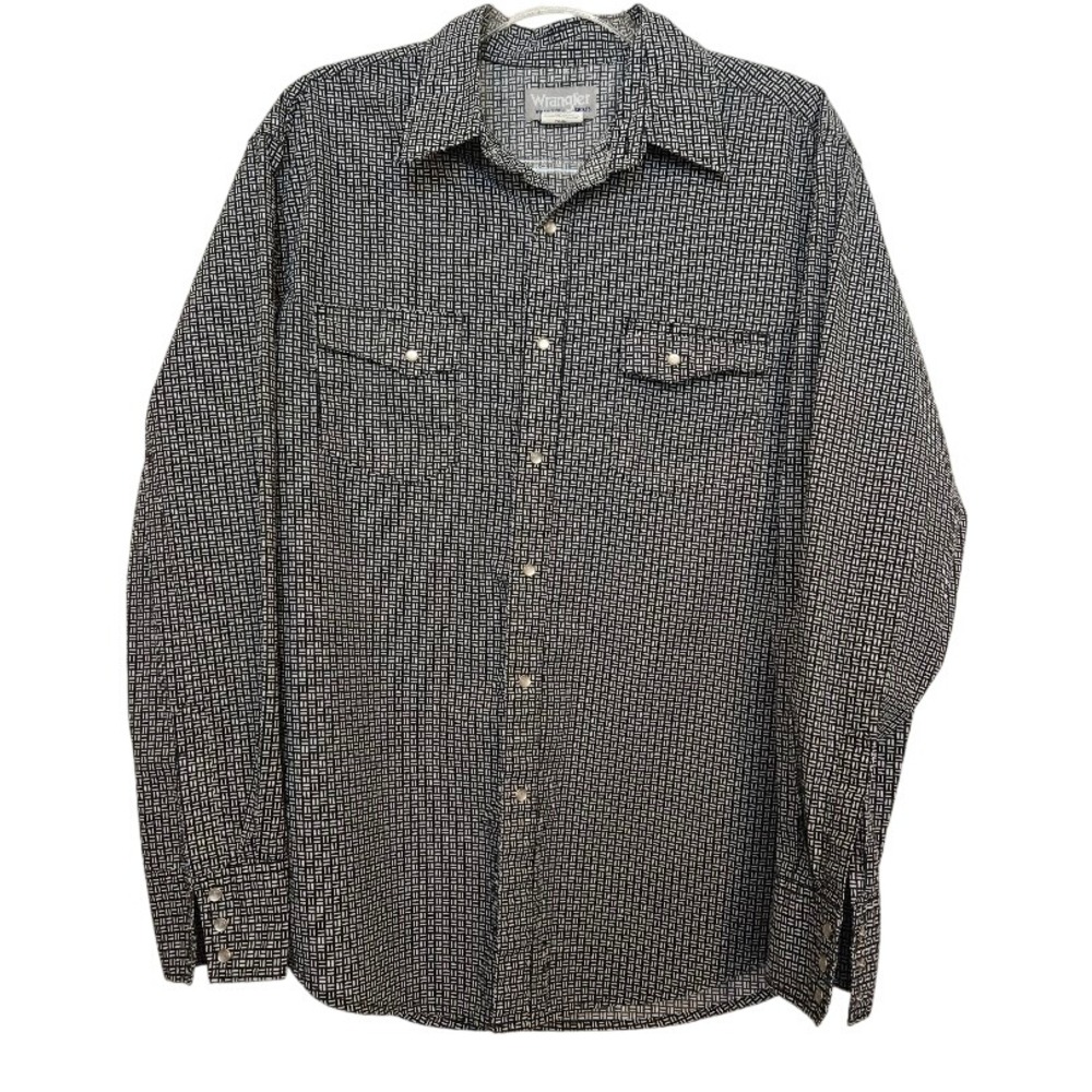 Wrangler Wrancher Mens‎ Large Black White Geometric Pearl Snap Western Shirt L